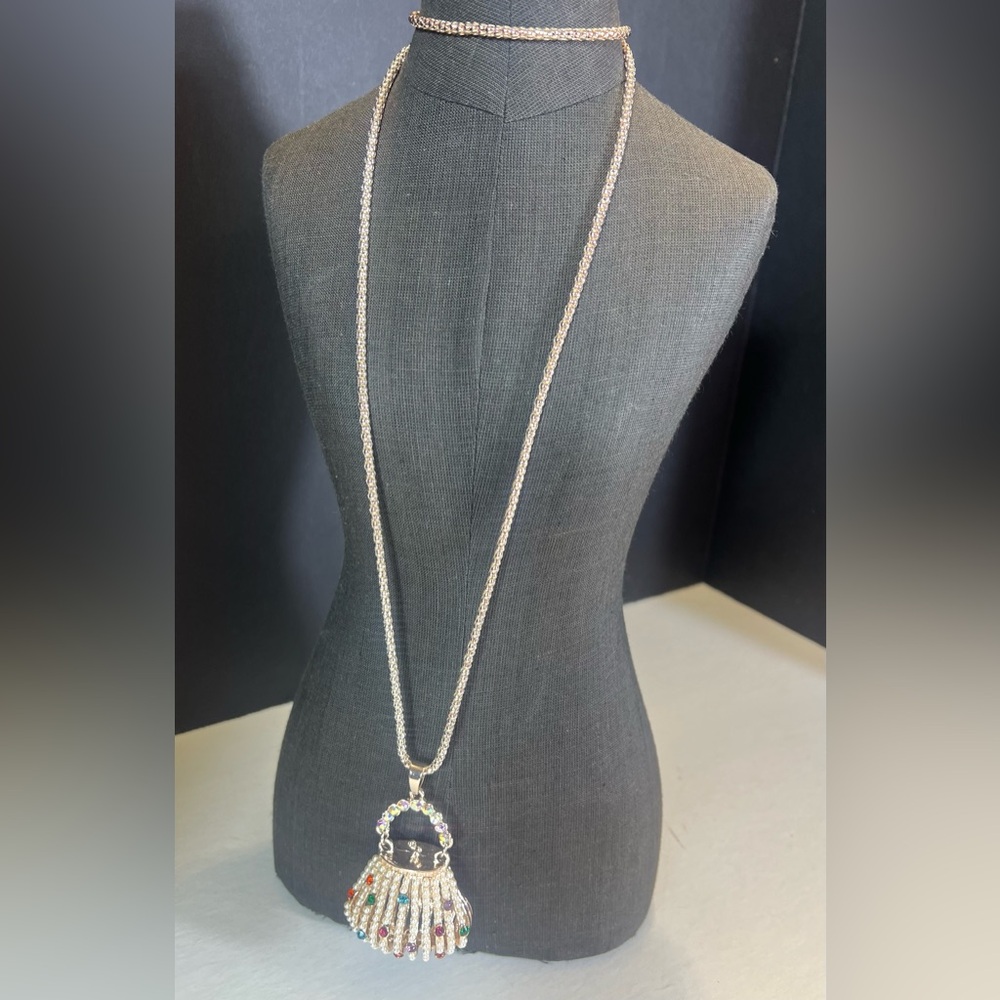 New Faux Pearl & Multicolor Rhinestone Evening Bag Necklace in Rose Gold - Picture 1 of 11